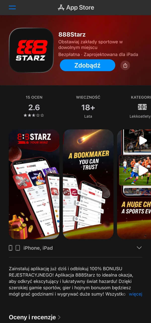Proces instalacji aplikacji 888Starz na iOS.