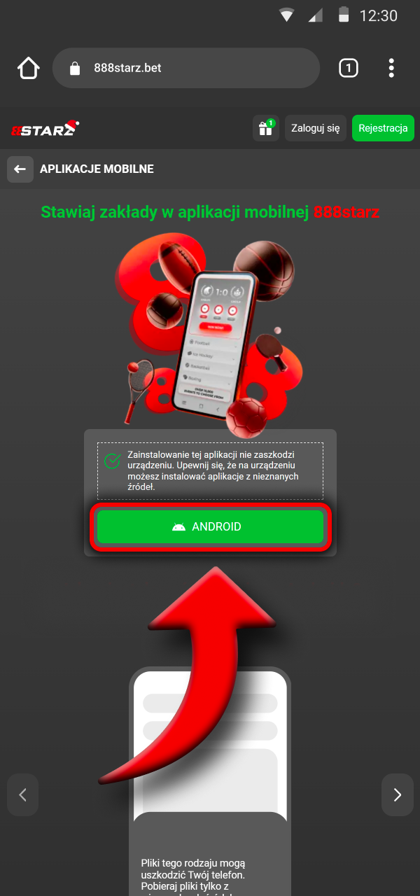 Otwórz stronę 888Starz na swoim telefonie i rozpocznij instalację aplikacji.