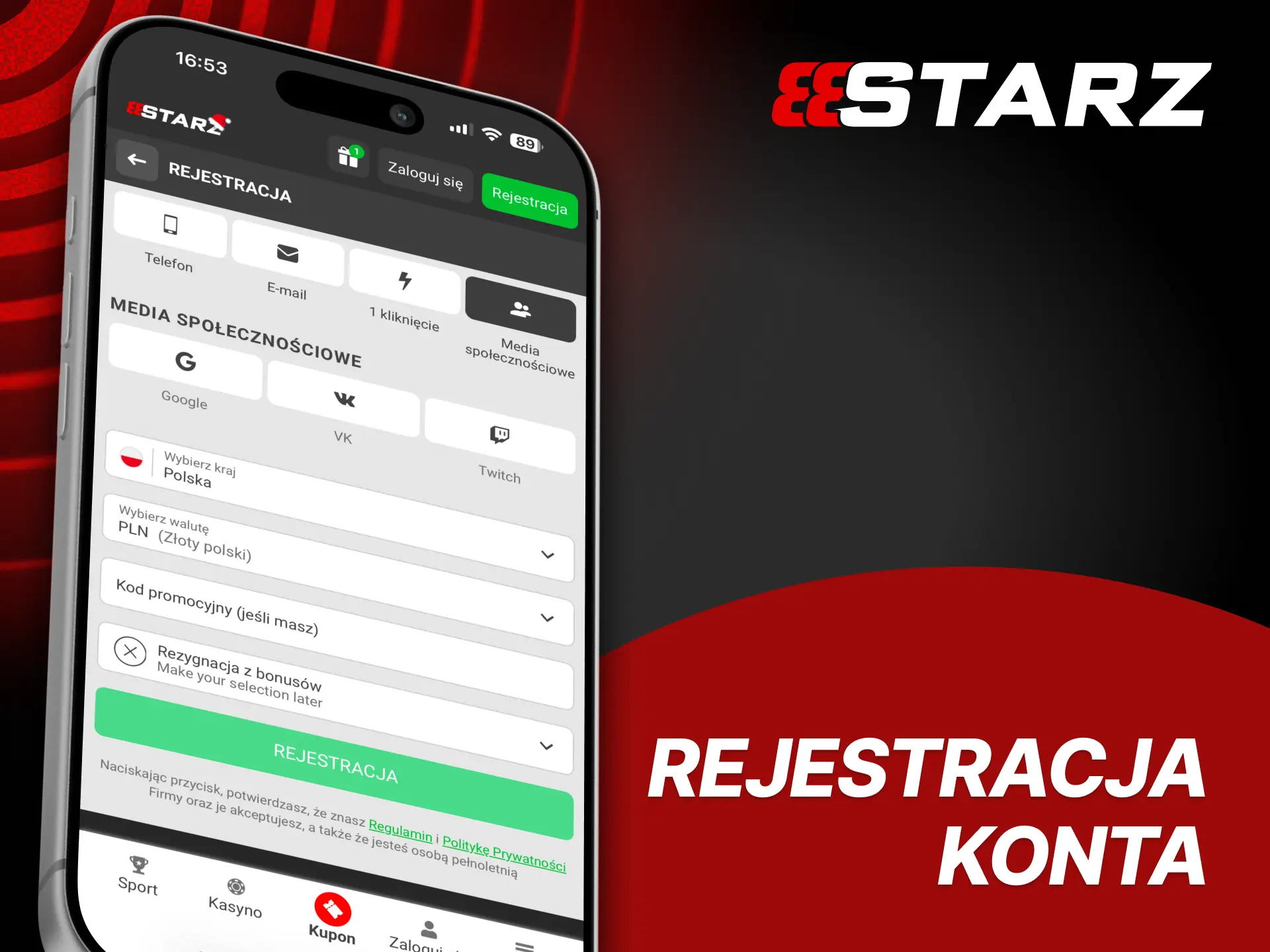 Wykonaj proste kroki, aby zarejestrować się w aplikacji 888Starz.