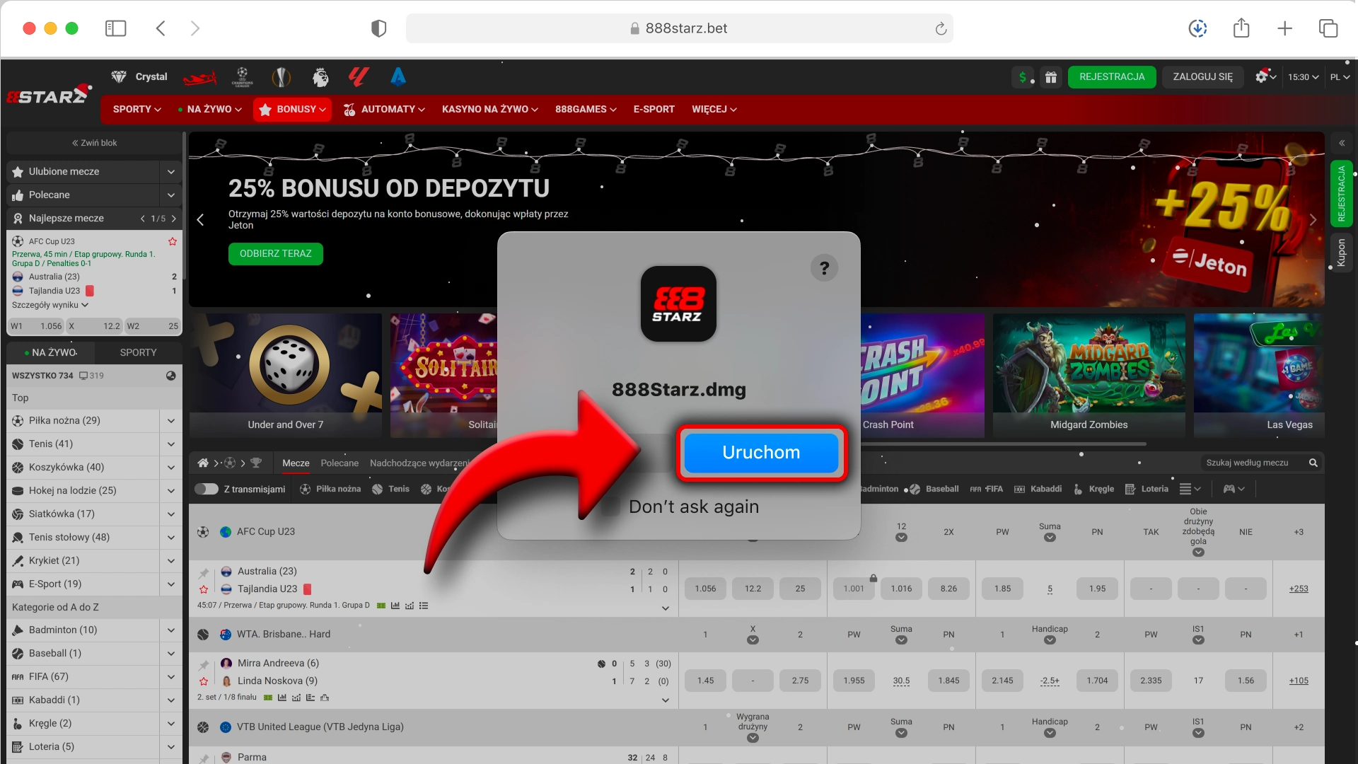Zatwierdź komunikat systemu i uruchom 888Starz.