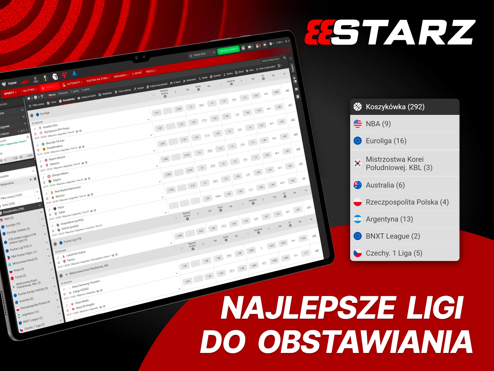 Postaw na ligi koszykarskie w 888Starz i analizuj rynki live w fazie play off.