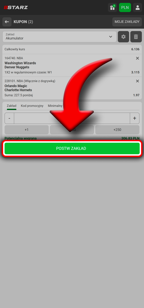 Potwierdź kupon na 888Starz i śledź jego status w sekcji Moje zakłady.