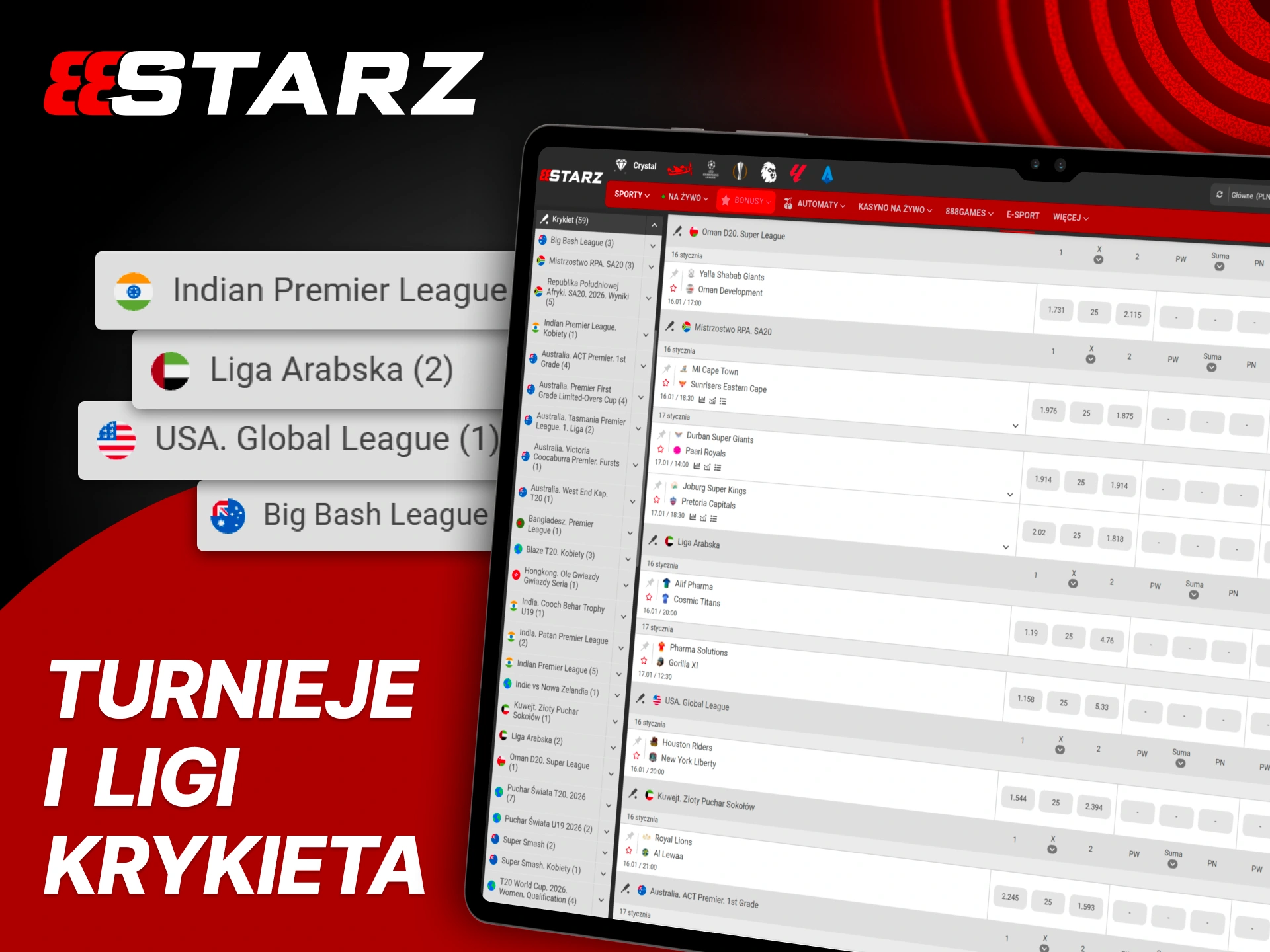 Obstawiaj ligi krykieta i reaguj live w 888Starz.