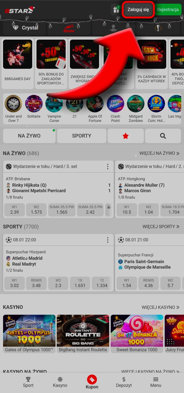 Wejdź do aplikacji i przejdź do logowania w 888Starz.