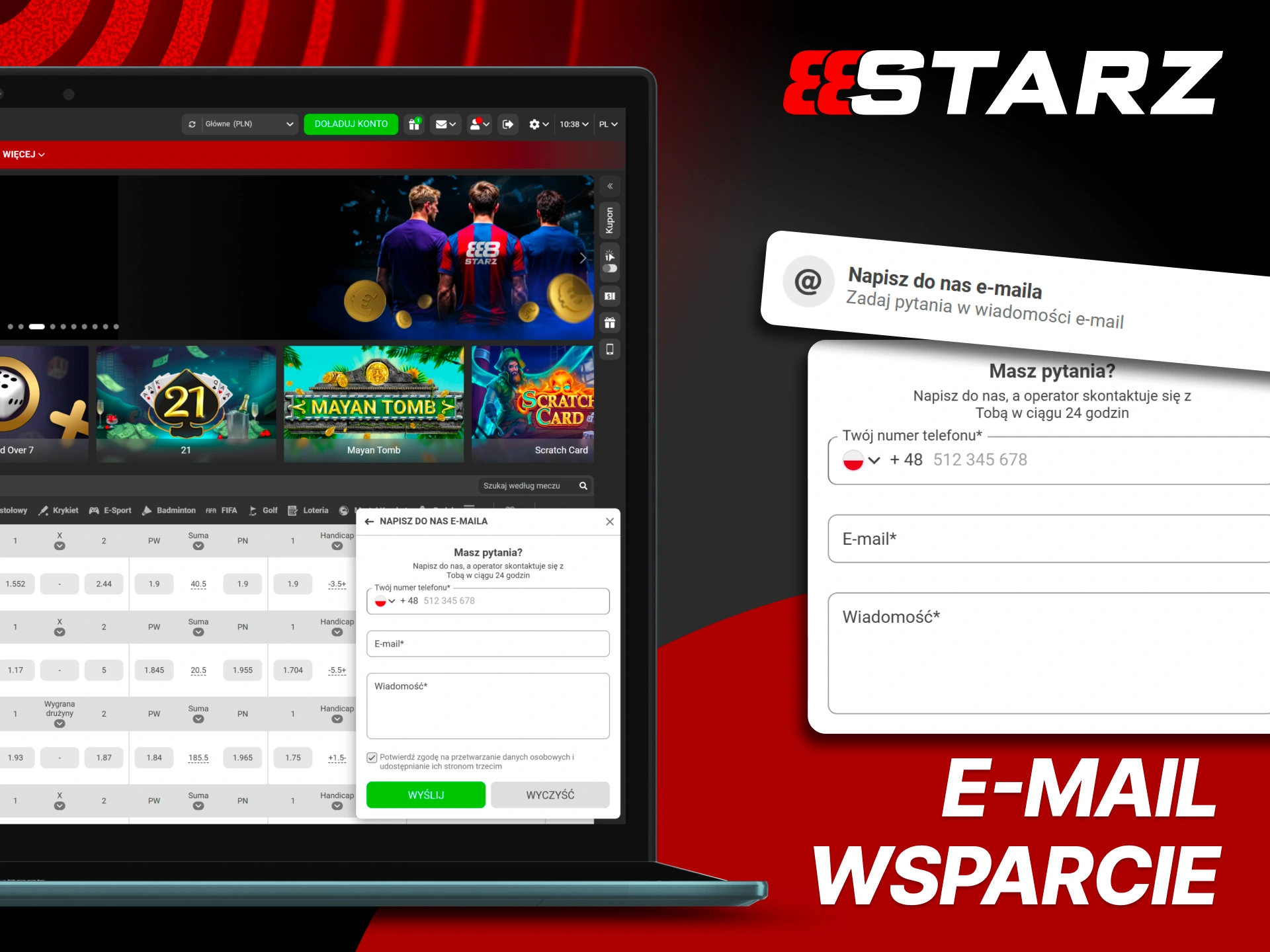 Wyślij zgłoszenie e-mail w 888Starz i otrzymaj odpowiedź po polsku lub angielsku.